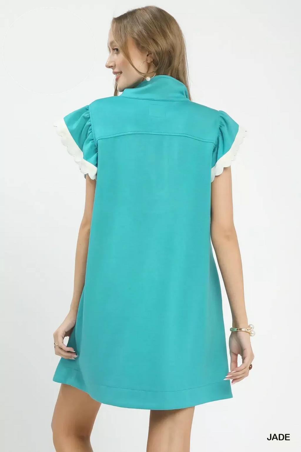 Zip-Neck Flutter Sleeve Dress in Jade for Women