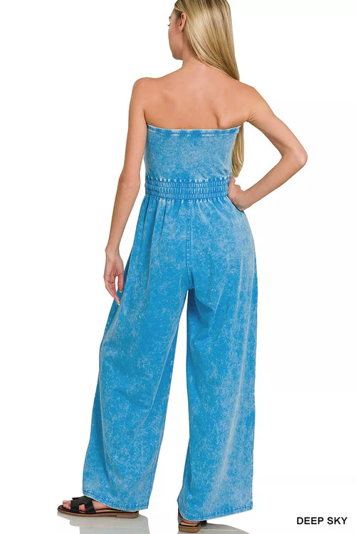 Acid Washed Strapless Tube Top Jumpsuit in Deep Sky for Women
