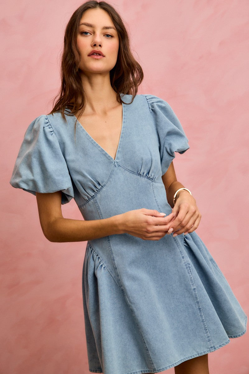 Bubble Sleeves Denim Fit and Flare Mini Dress for Women