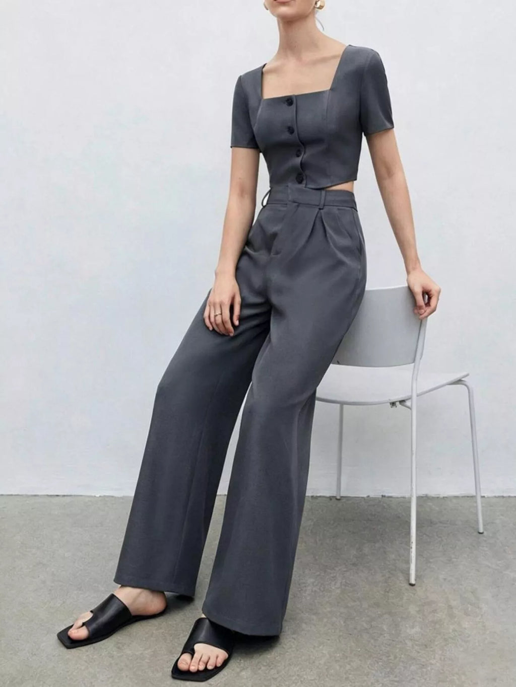 Square Neck Crop Top and Wide Leg Pants Set in Dark Gray for Women