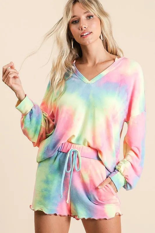 Tie Dye French Terry Top and Shorts Set in Pastel Tiedye for Women
