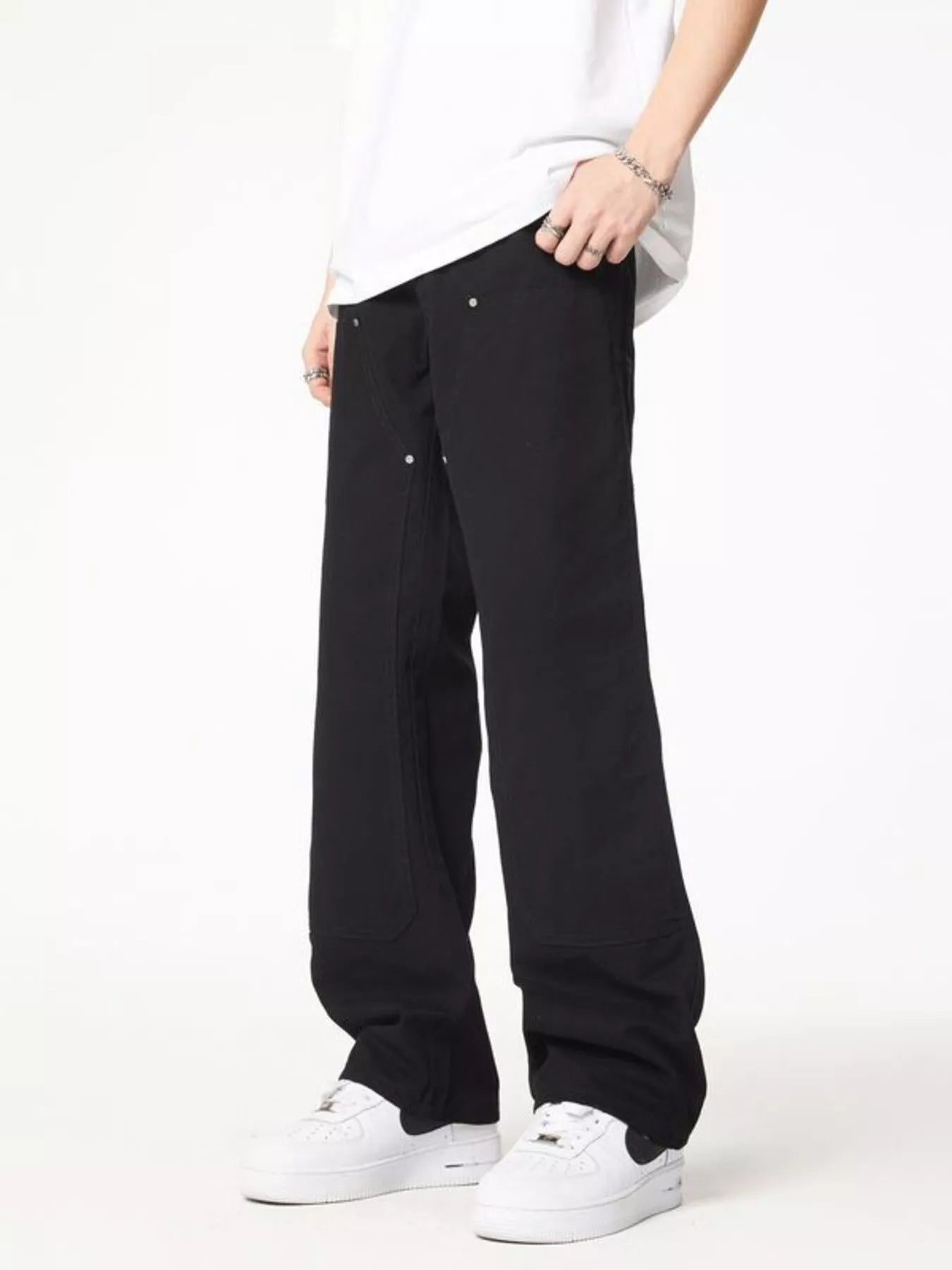 Wash Wide Leg Jeans Plus Size in Black in Army Green for Men