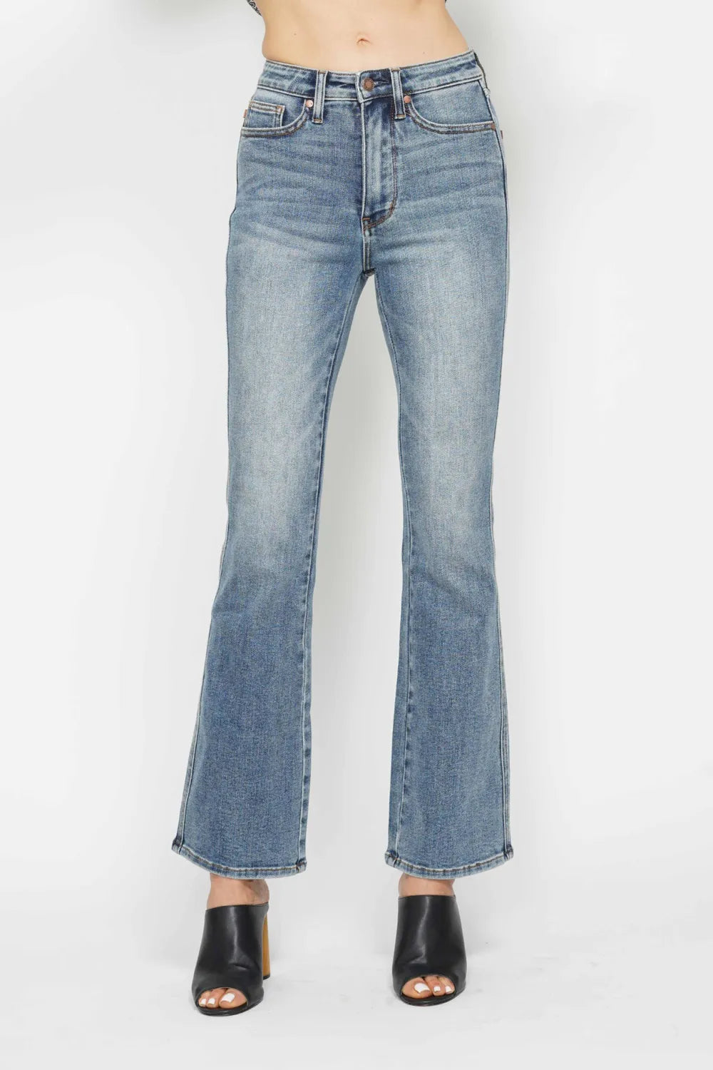 Tummy Control Back Embroidered Pocketed Bootcut Jeans Plus Size in Short Inseam for Women