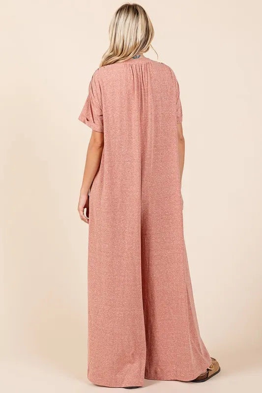 Button Detail Short Sleeve Wide Leg Jumpsuit in Ginger for Women