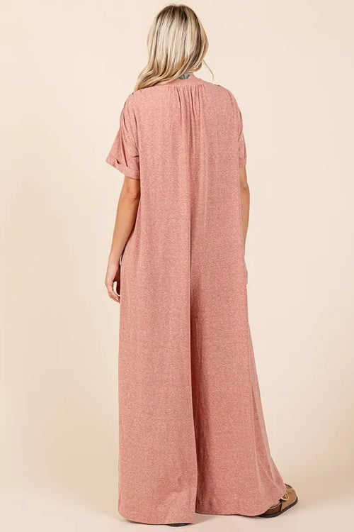 Button Detail Short Sleeve Wide Leg Jumpsuit in Ginger for Women