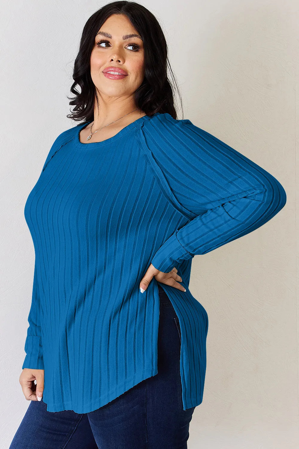 Plus Size Ribbed Round Neck Slit T-Shirt for Women