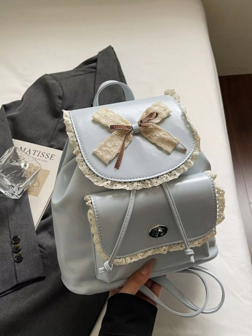 Lace Trim Bow Decor Backpack Bag for Women