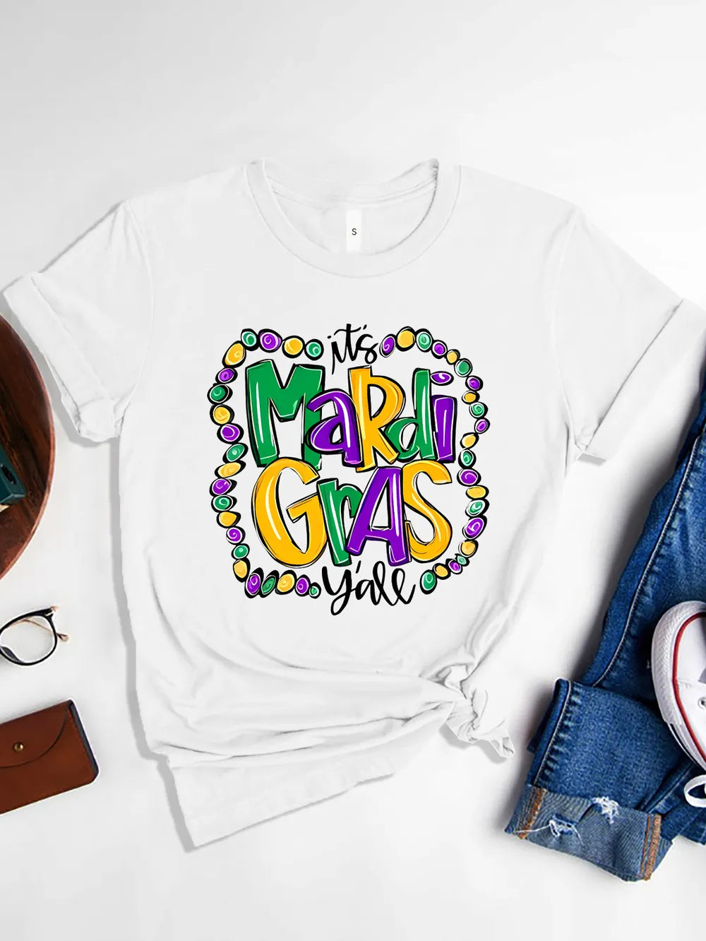 Its Mardi Gras Yall Round Neck T-Shirt in Dark Gray for Women