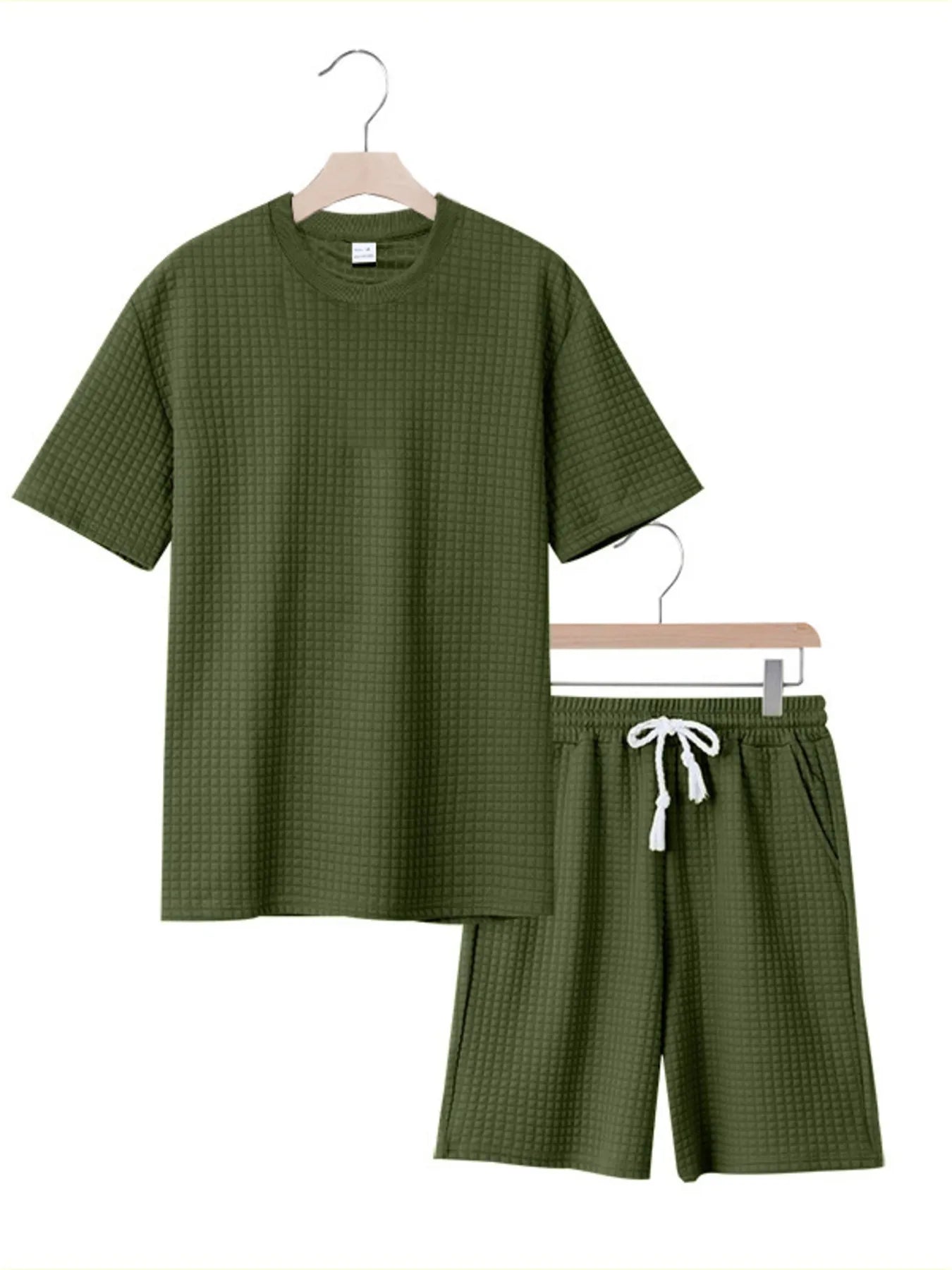 Textured Round Neck Top and Shorts Set Plus Size in White for Men