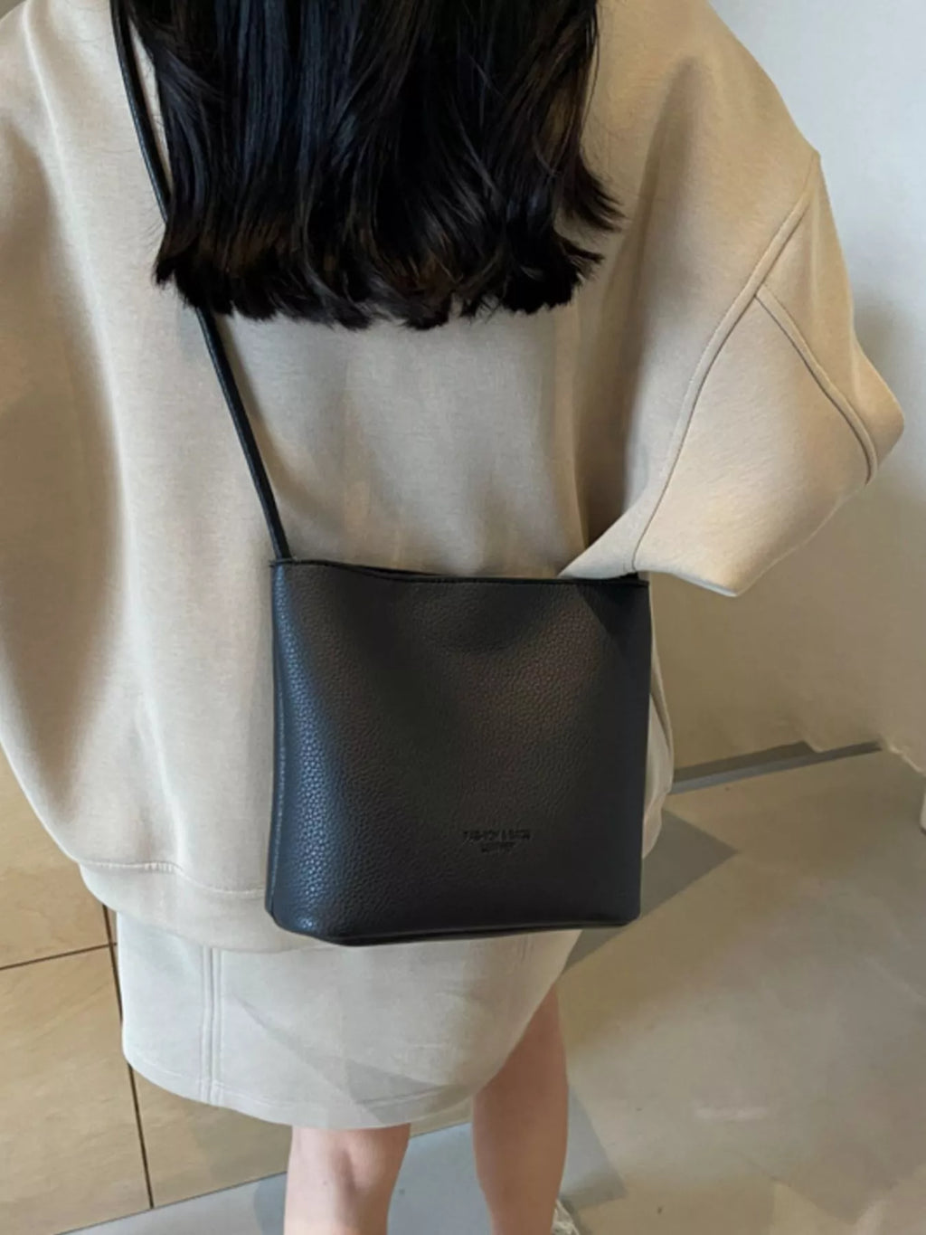 Leather Bucket Crossbody Bag in Black for Women