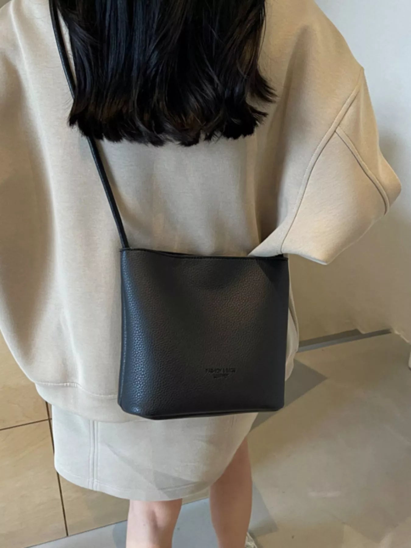 Leather Bucket Crossbody Bag in Black for Women