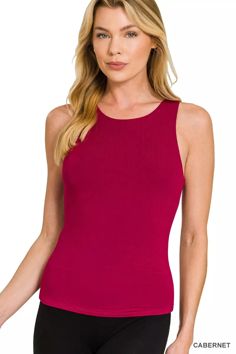 Premium Rayon Double Layered Round Neck Tank Top in Cabernet for Women