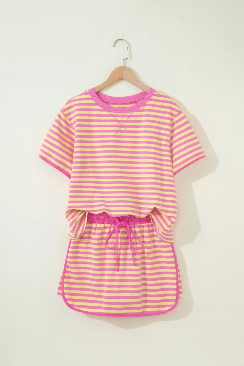 Striped Round Neck Tee and Shorts Casual Set in Blush Pink for Women