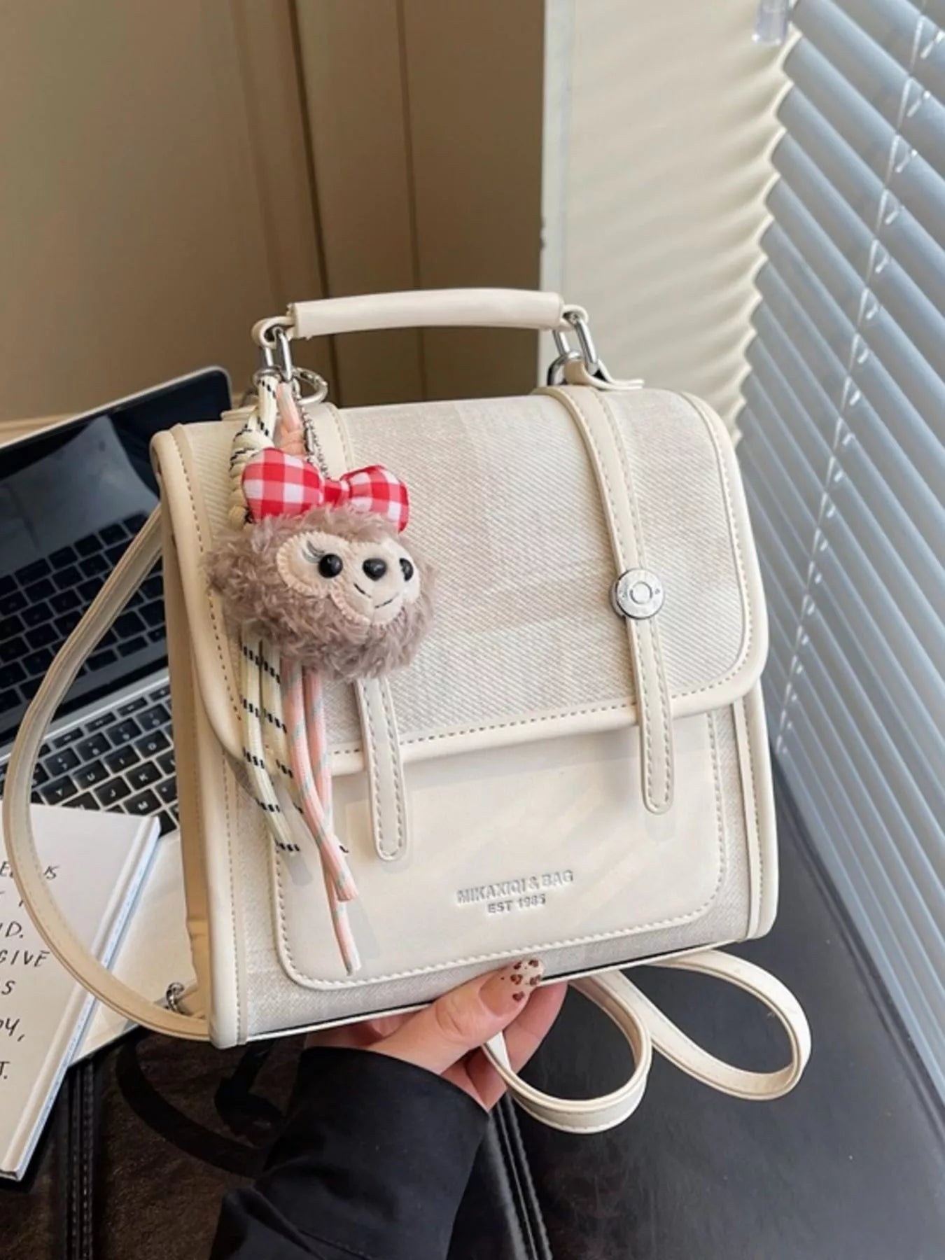 Flap Backpack Bag with Plush Charm for Women