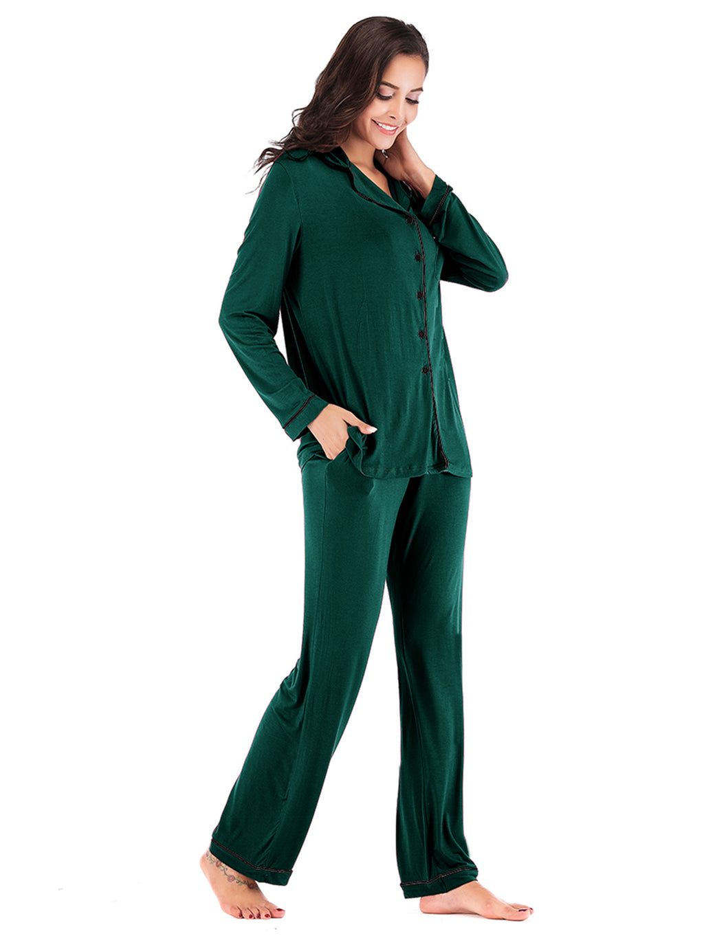Collared Neck Long Sleeve Loungewear Set with Pockets in Navy for Women