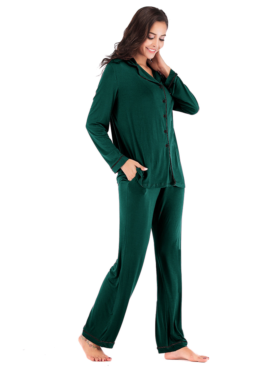 Collared Neck Long Sleeve Loungewear Set with Pockets in Navy for Women