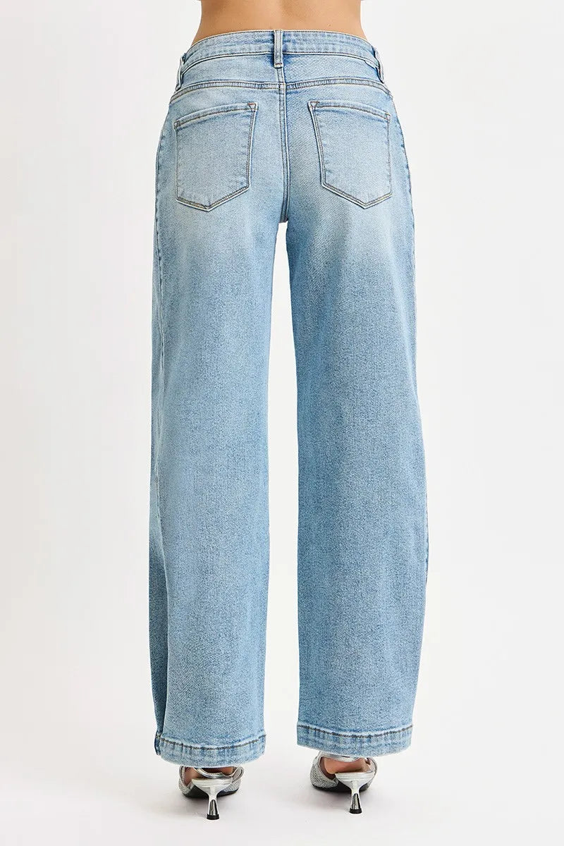 Mid Rise Wide Barrel Transferable Leg Snap Jeans in Medium for Women