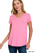 Rayon Short Sleeve V-Neck Round Hem Top in Candy Pink for Women