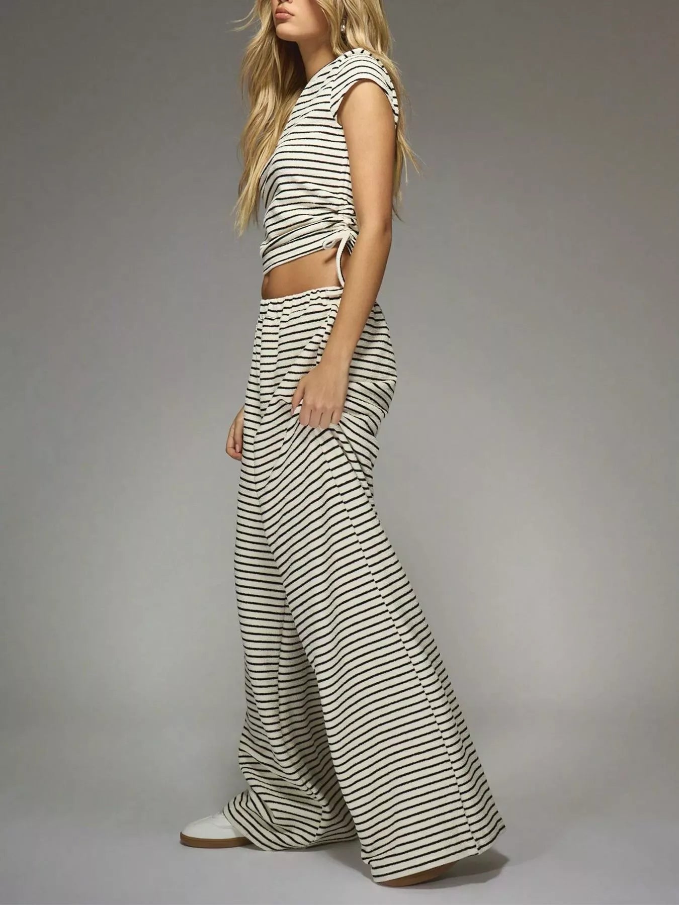 Striped Crop Top and Wide Leg Pants Set in Off-White for Women