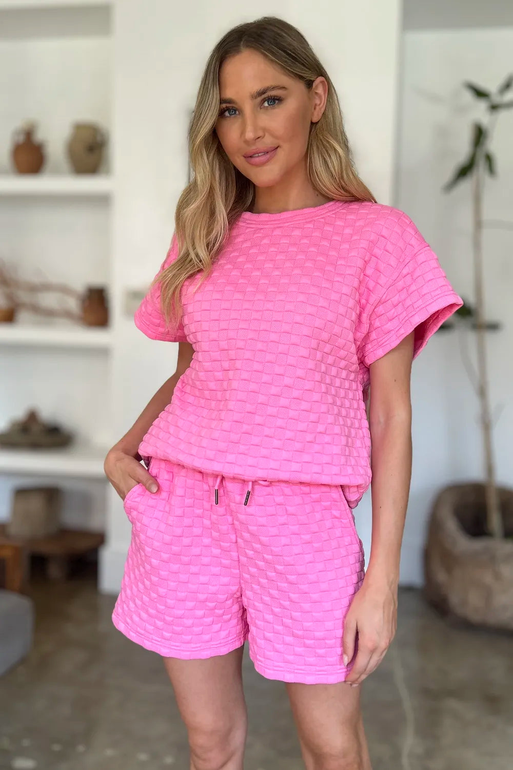 Plus Size Texture T-Shirt and Shorts Set in Pink for Women