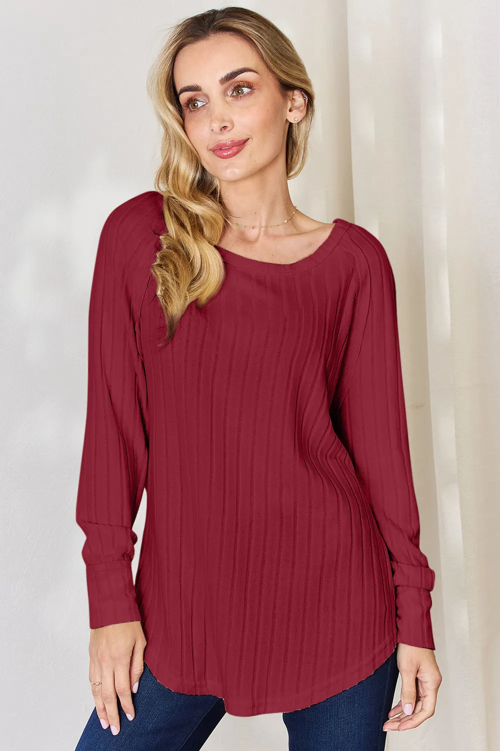 Plus Size Ribbed Round Neck Slit T-Shirt in Deep Red for Women