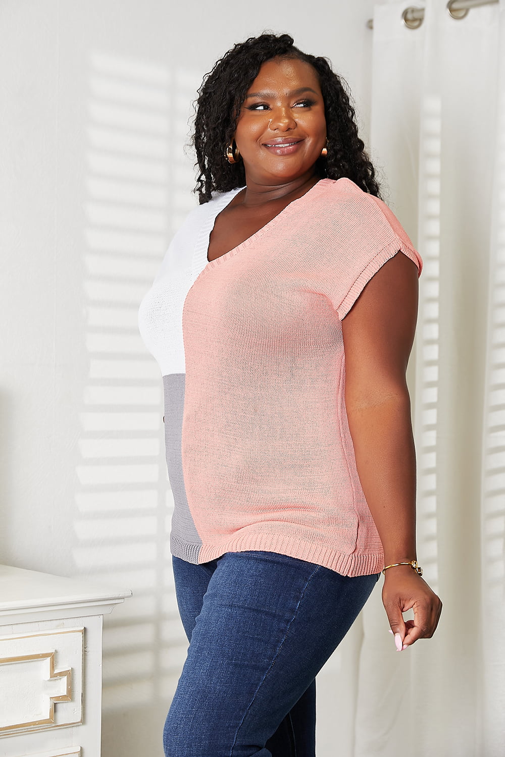 Color Block V-Neck Knit Top for Women