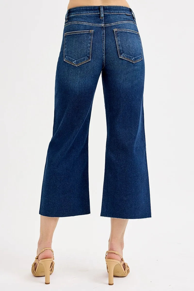 Tummy Control High Rise Crop Wide Jeans Plus Size in Dark for Women