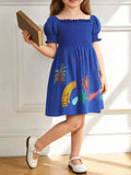 Smocked Animal Puff Sleeve Dress in Royal Blue for Girls