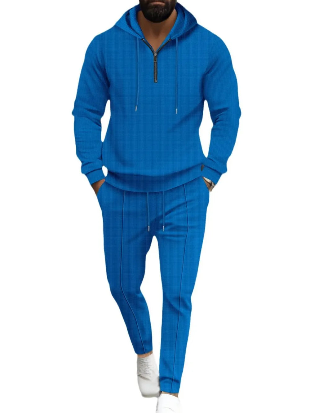 Waffle-Knit Half Zipper Hoodie and Pants Set Plus Size in Black for Men