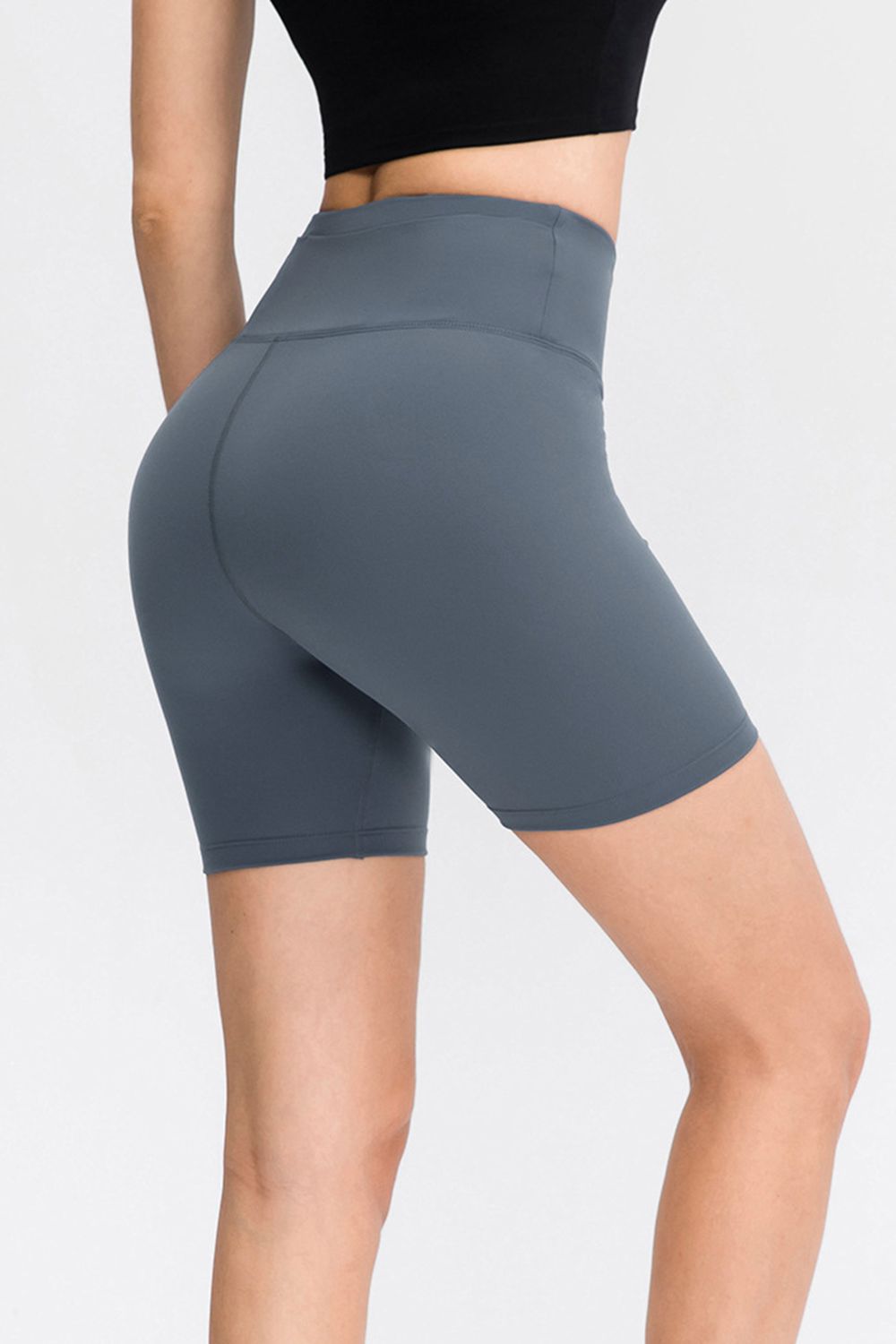 Wide Waistband Sports Shorts in Matcha Green in Dusty Blue for Women