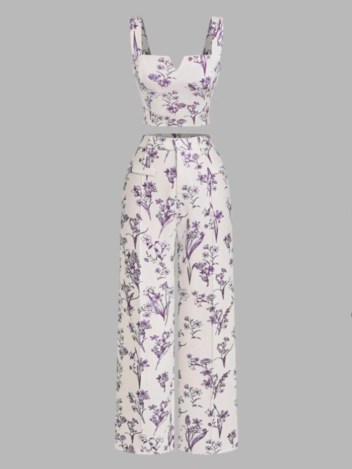 Floral Print Cami Top and Wide Leg Pants Set in Light Blue for Women