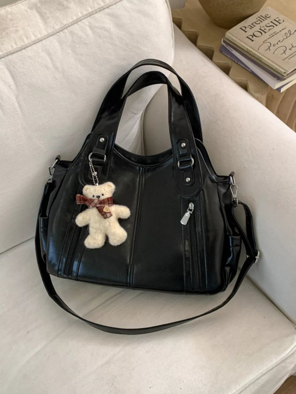 Leather Shoulder Bag with Bear Charm for Women