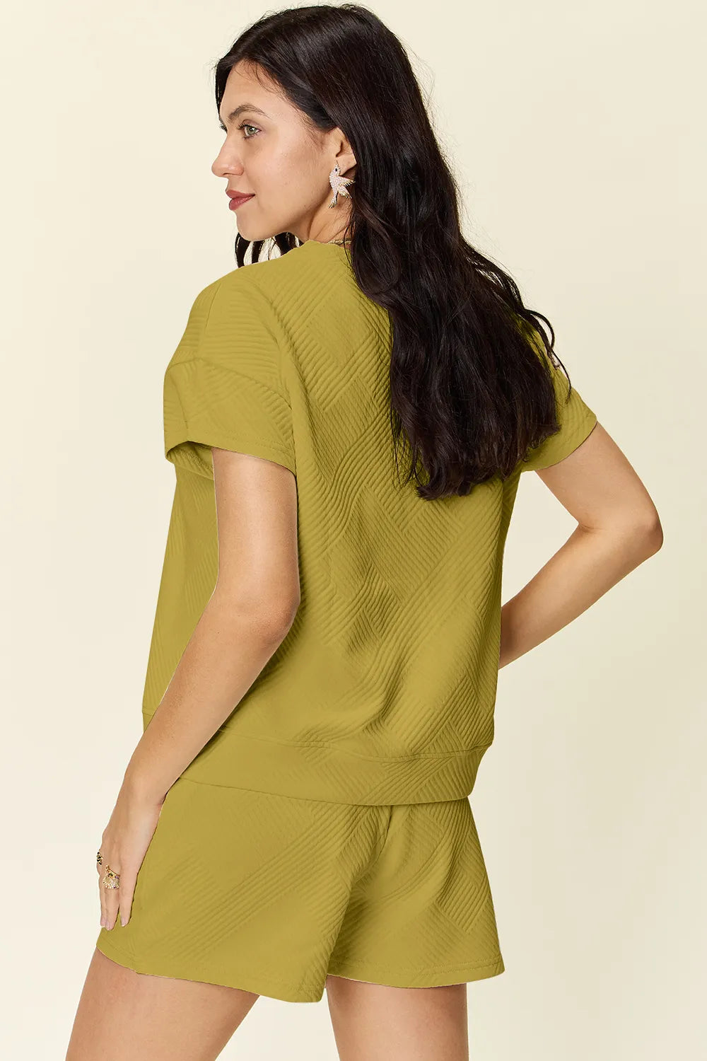 Plus Size Texture Short Sleeve T-Shirt and Drawstring Shorts Set in Mocha in Deep Teal for Women