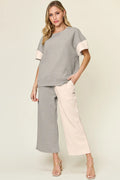 Plus Size Texture Contrast T-Shirt and Wide Leg Pants Set in White for Women