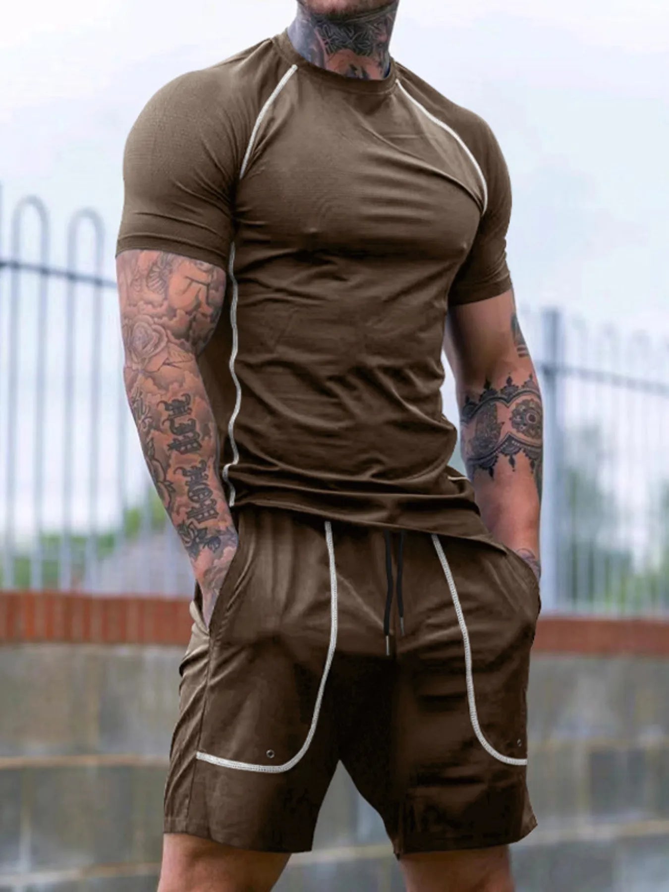 Round Neck Short Sleeve T-Shirt and Shorts Set Plus Size in Navy Blue for Men