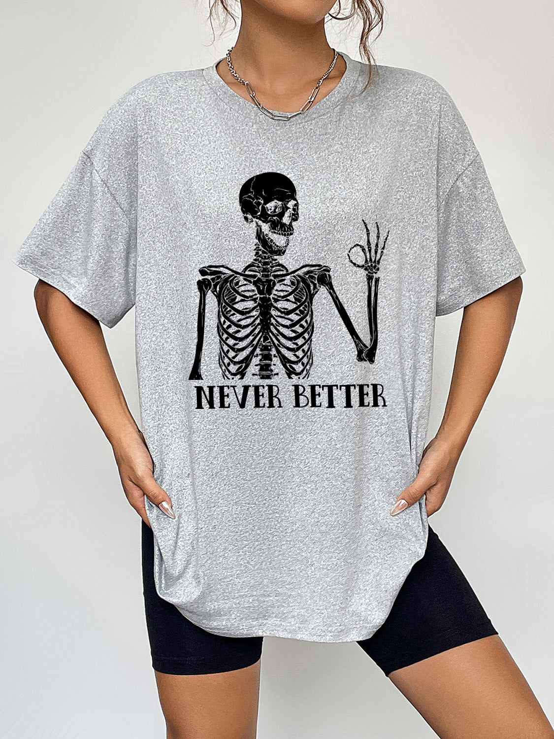 Round Neck Short Sleeve Never Better Graphic T-Shirt in Black for Women