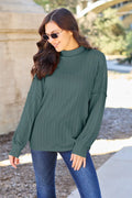 Plus Size Ribbed Exposed Seam Mock Neck Knit Top in Turquoise for Women