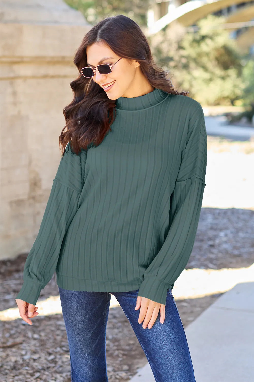 Plus Size Ribbed Exposed Seam Mock Neck Knit Top in Turquoise for Women