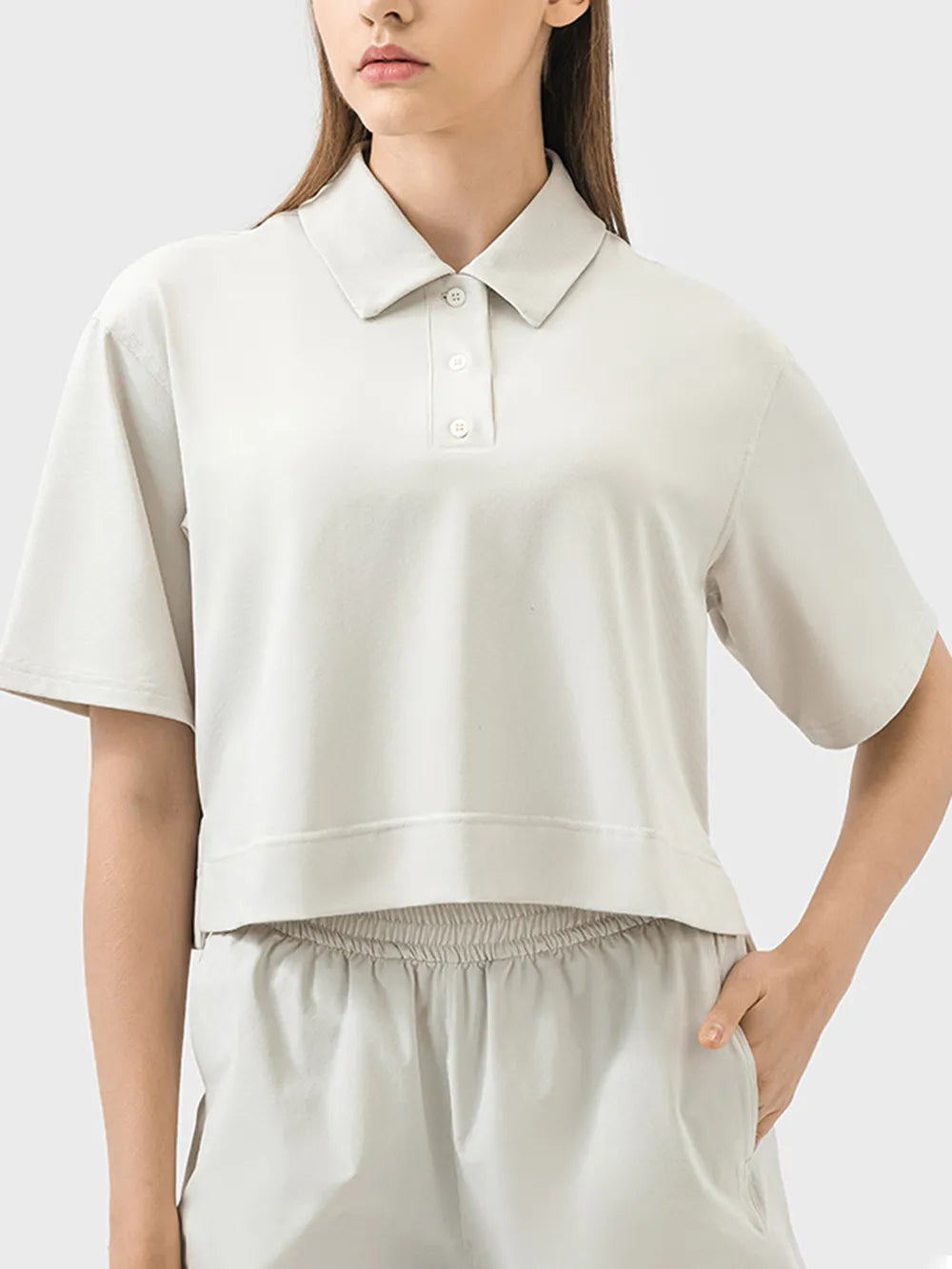 Half Button Short Sleeve Active T-Shirt in Black for Women