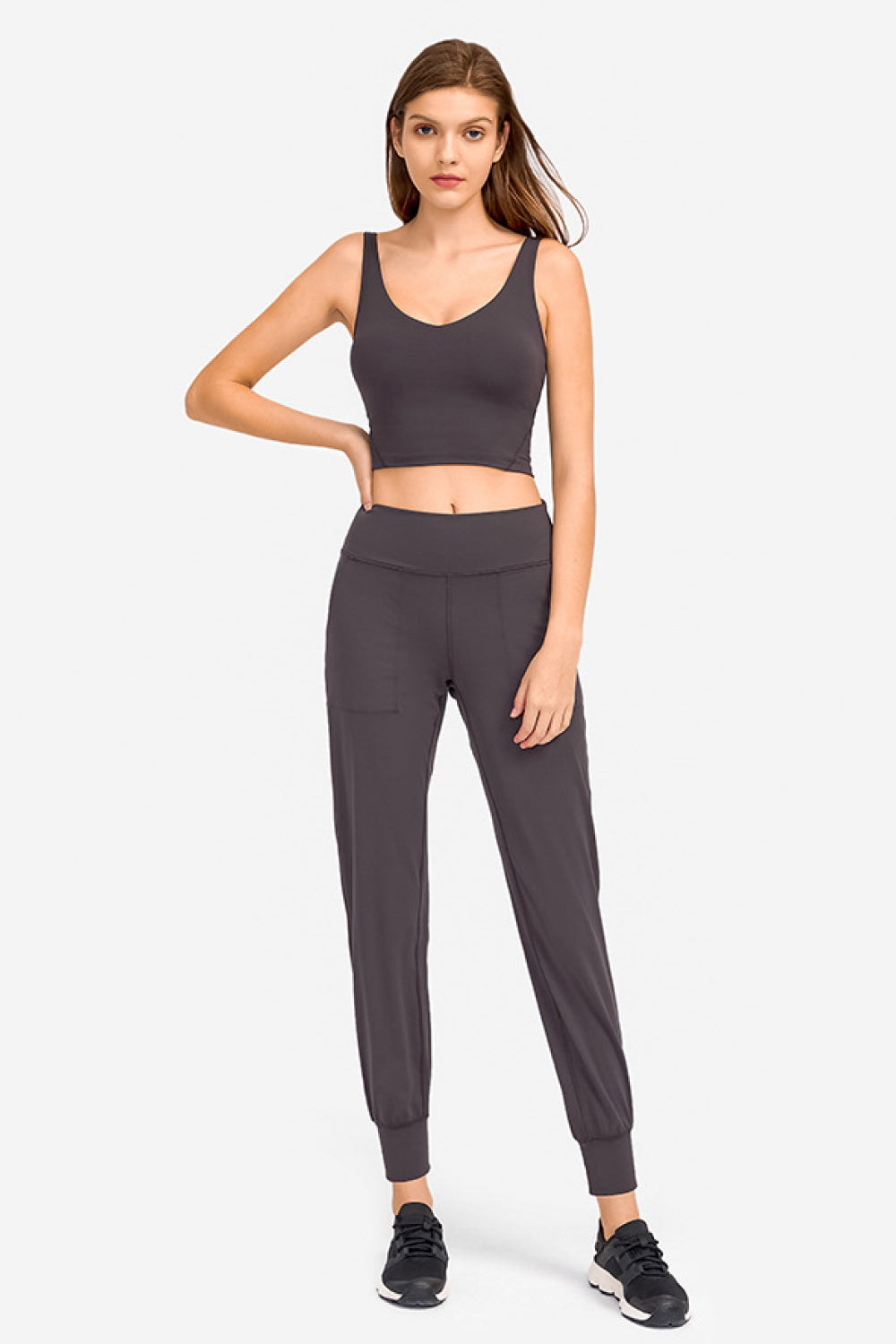 Deep V-Neck Crop Sports Bra in Camel for Women