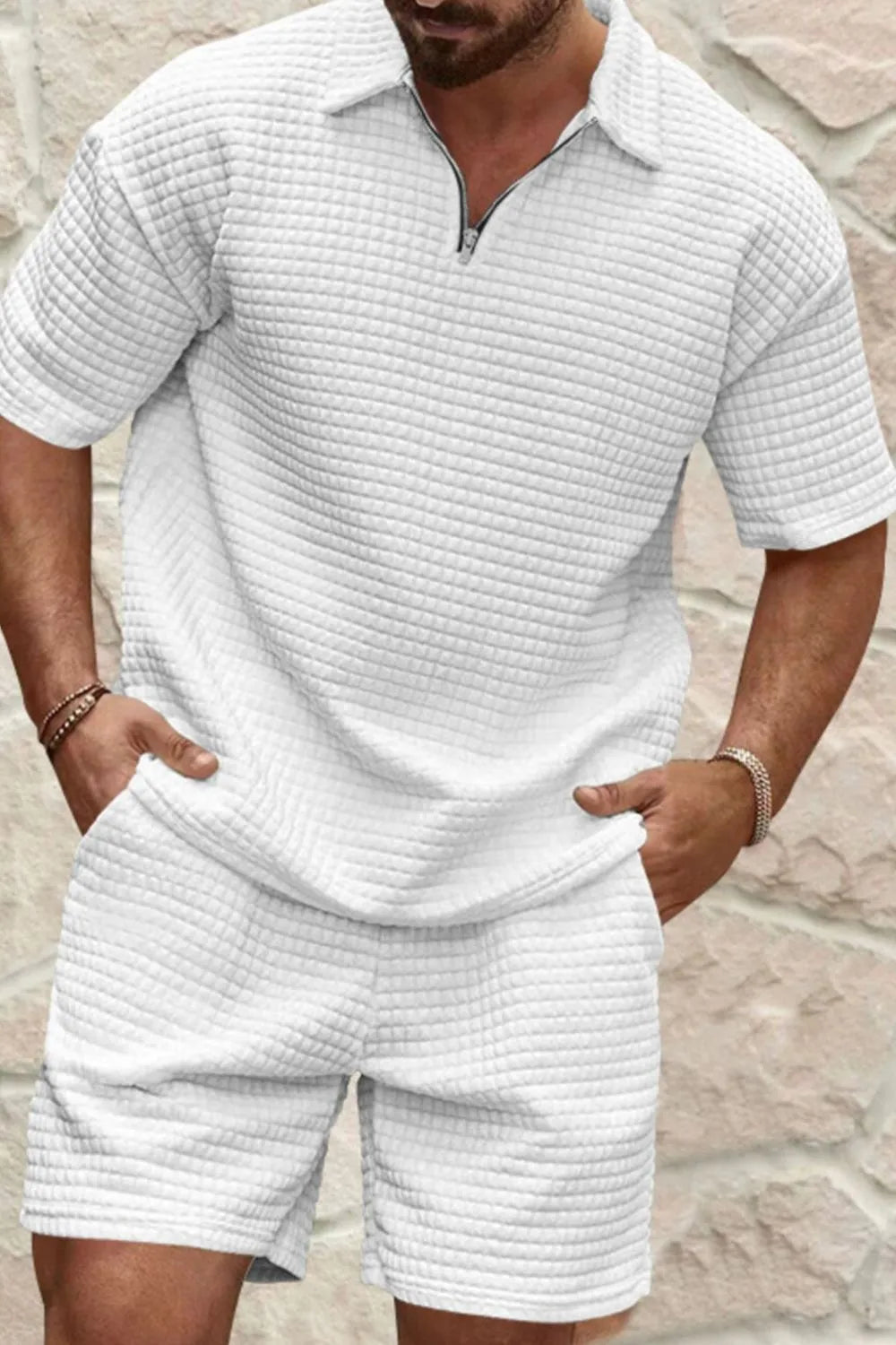 Zip Collar Short Sleeve Top and Shorts Set Plus Size in Khaki for Men