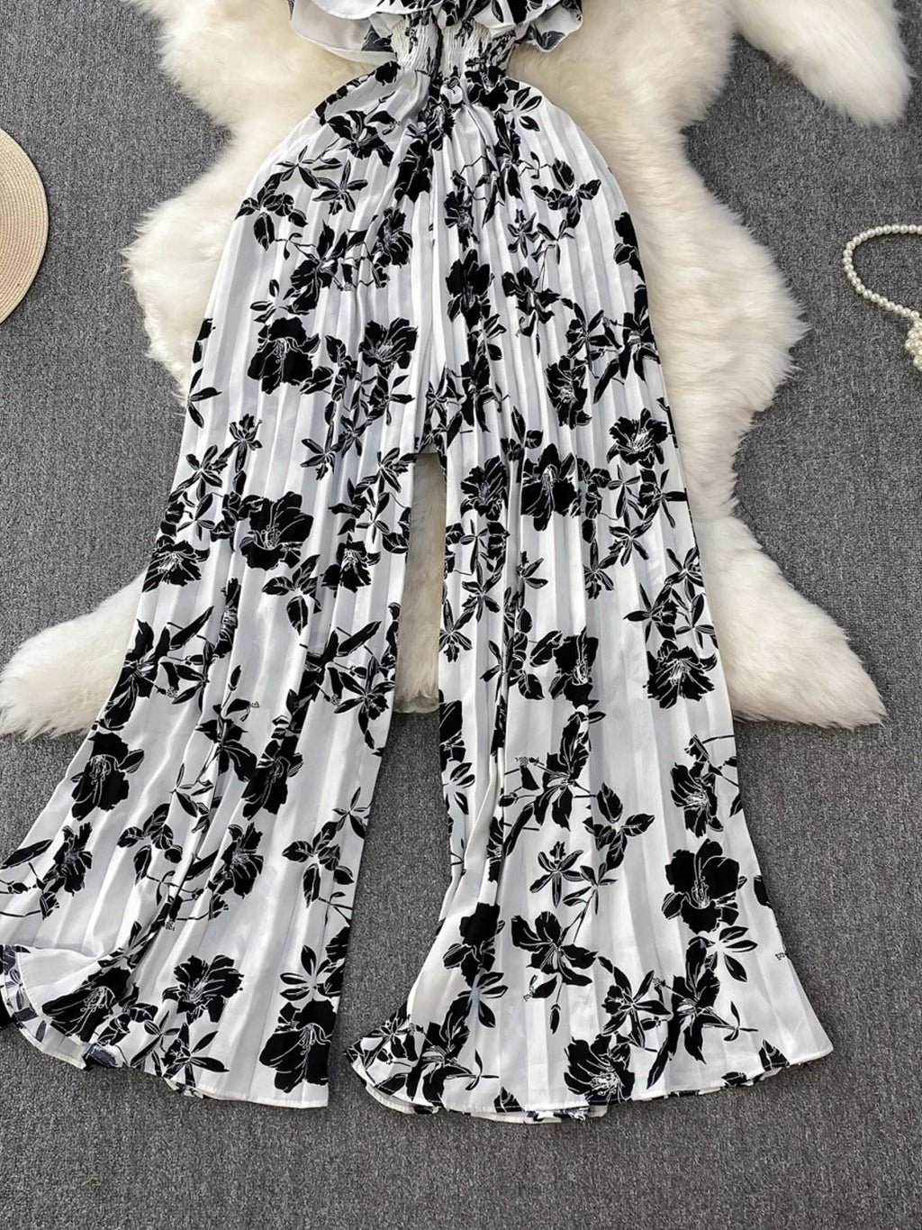 Black Floral Print Wide Leg Pleated Jumpsuit for Women
