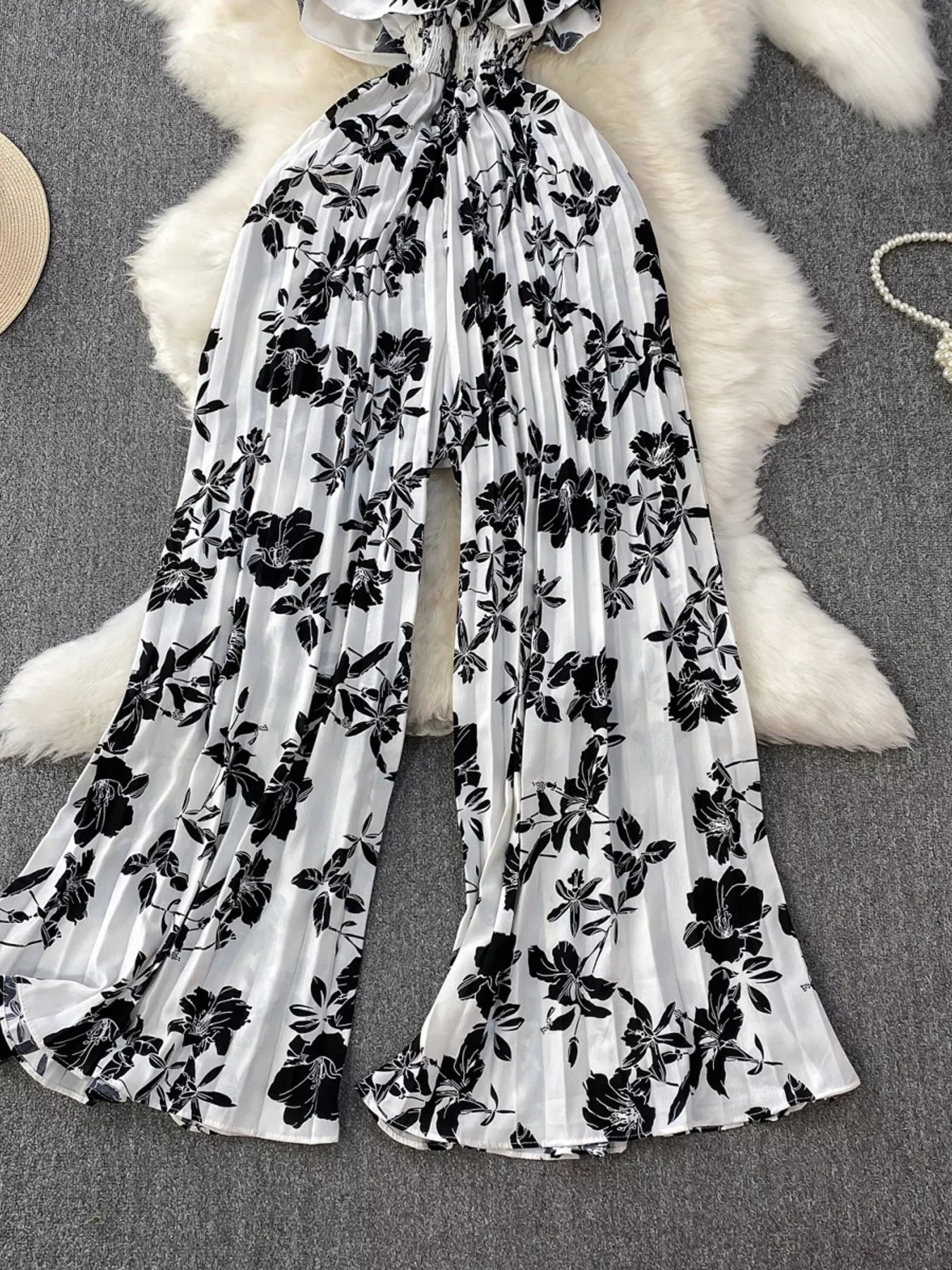 Black Floral Print Wide Leg Pleated Jumpsuit for Women