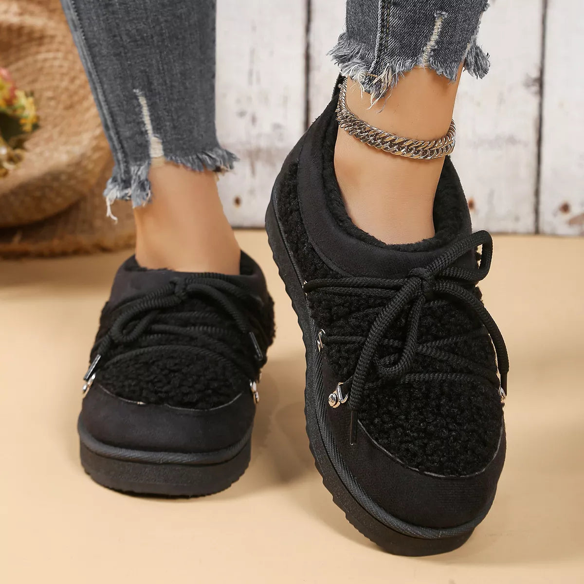 Lace Up Round Toe Platform Ankle Boots in Black for Women