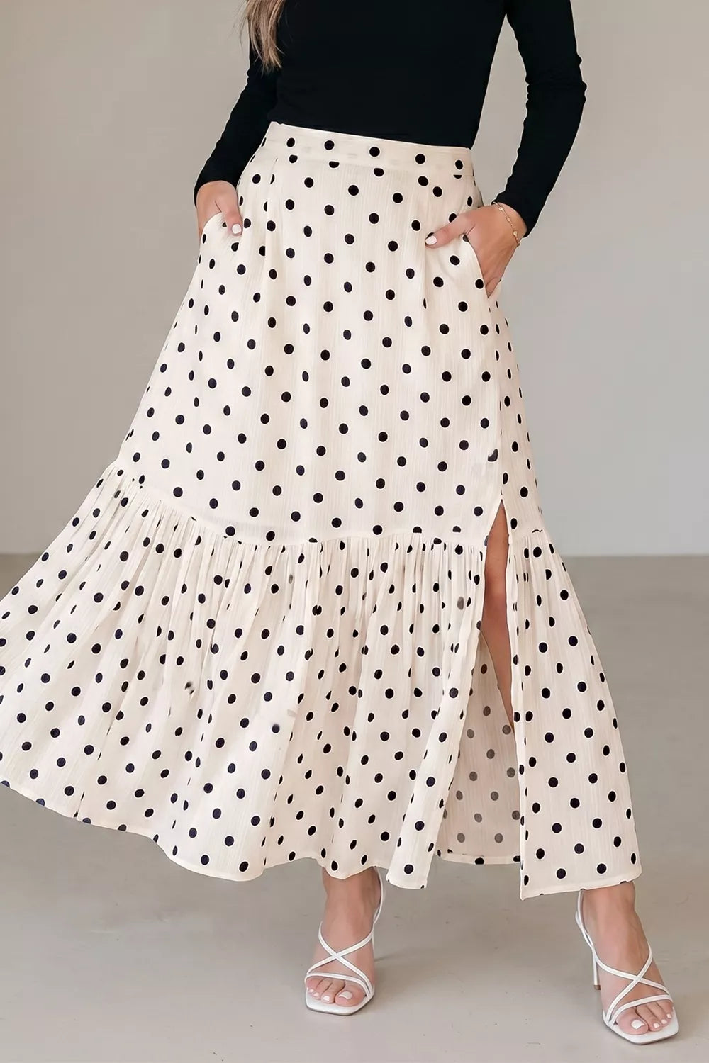 Polka Dot Ruffled Slit Maxi Skirt in Beige for Women