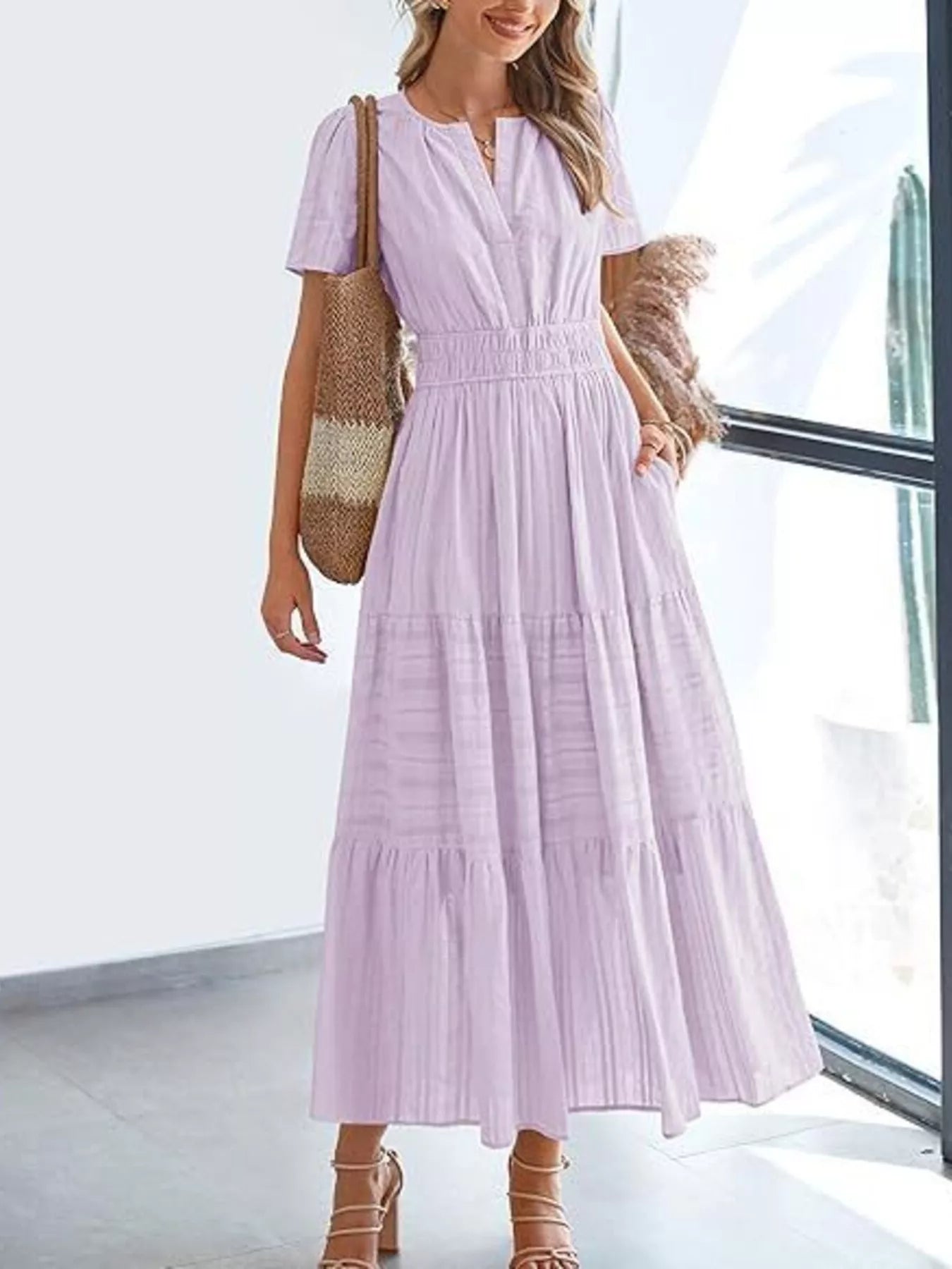 Plus Size Short Sleeve Tiered Midi Dress in Dusty Pink for Women
