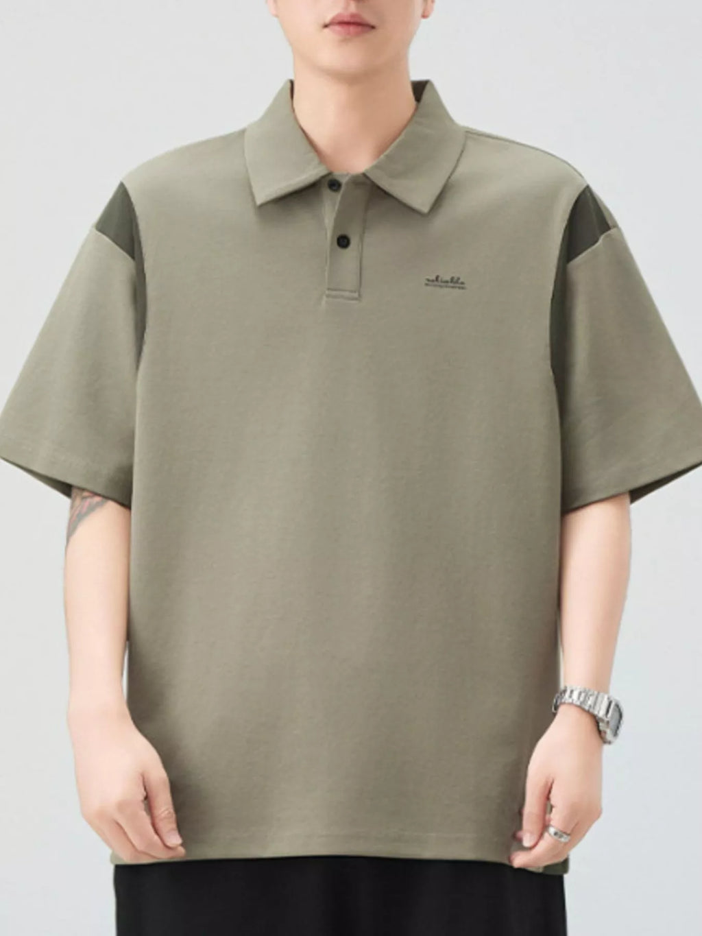 Plus Size Button Detail Short Sleeve Polo in Khaki Green for Men