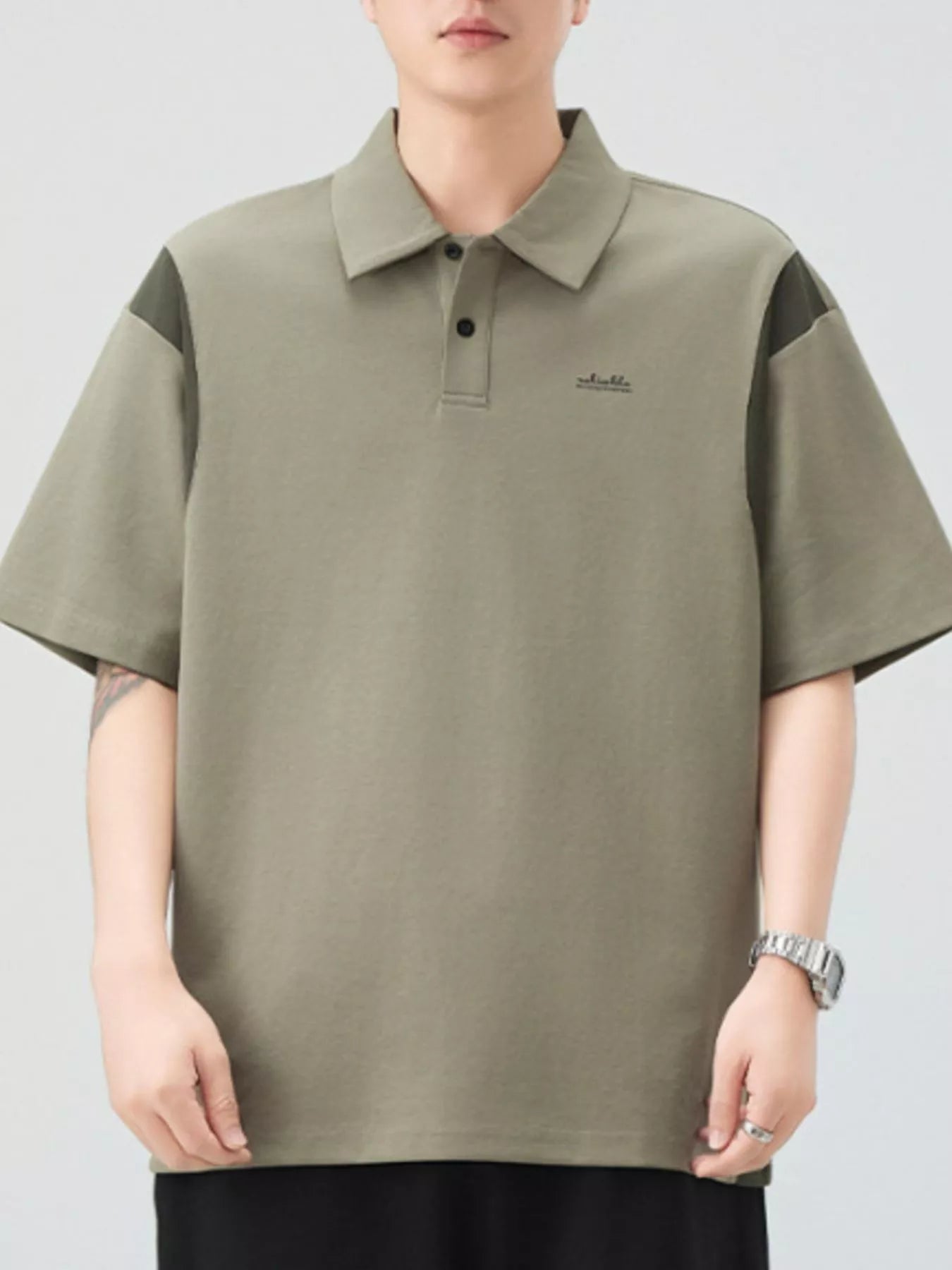 Plus Size Button Detail Short Sleeve Polo in Khaki Green for Men