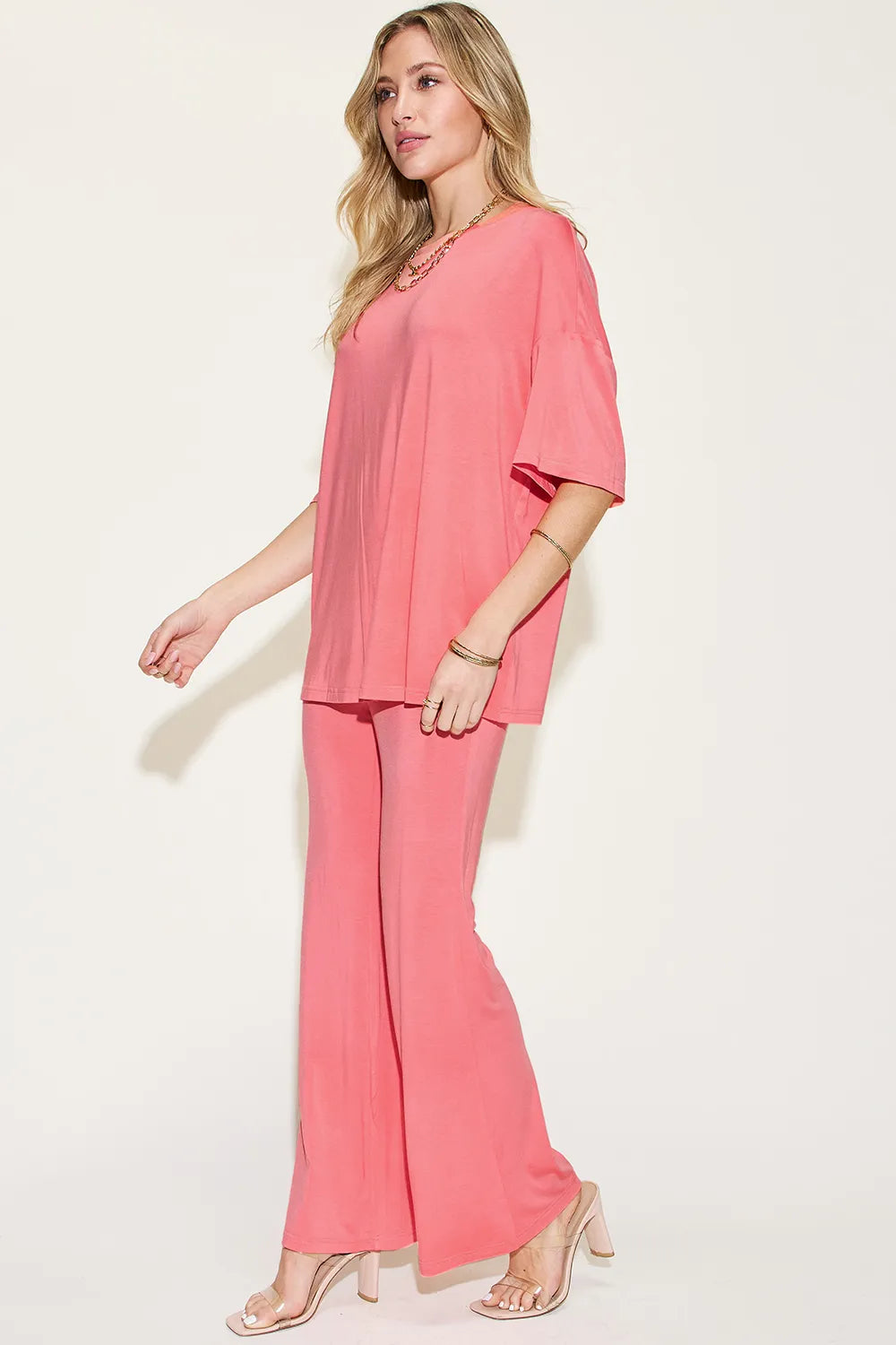 Plus Size Bamboo Drop Shoulder T-Shirt and Flare Pants Set in Black for Women