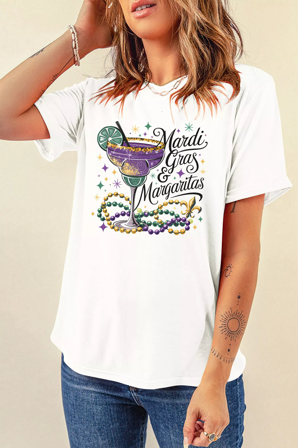 Mardi Gras Margaritas Cheerful Graphic Tee in White for Women